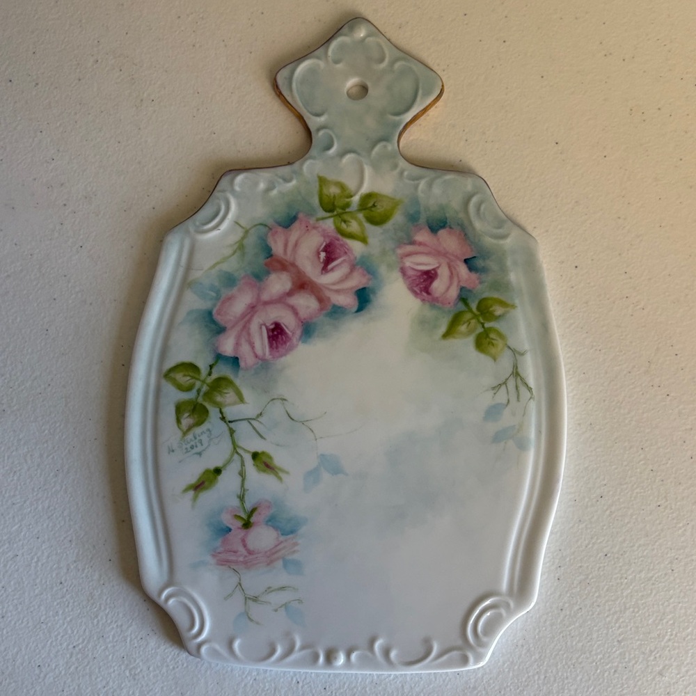 Floral Porcelain Cheese Cutting Board Hand Painted by N. Sterling 2018